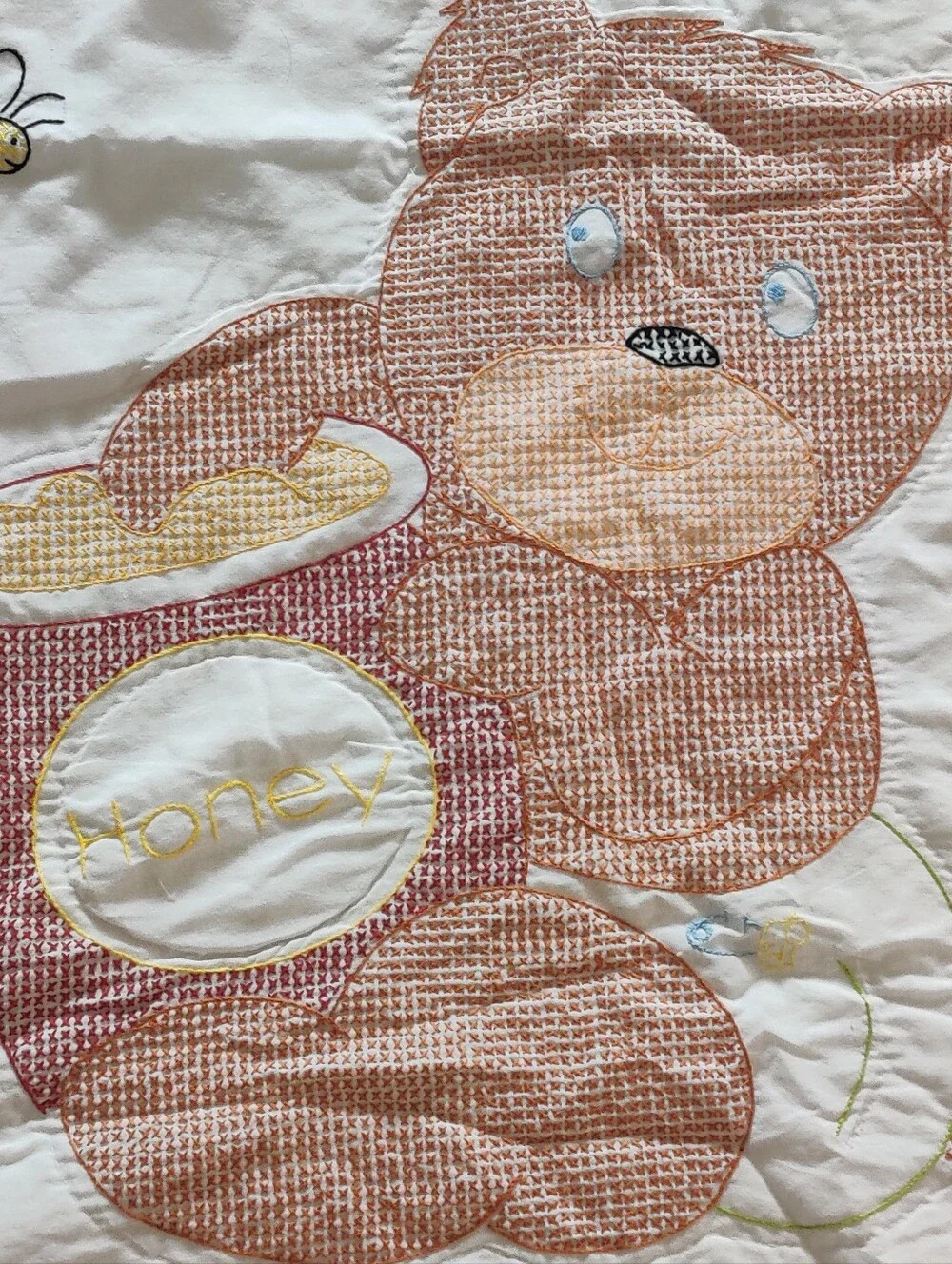 Cross Stitch Busy Bee Baby Blanket Embroidered Honey Bear Green Vintage Handmade